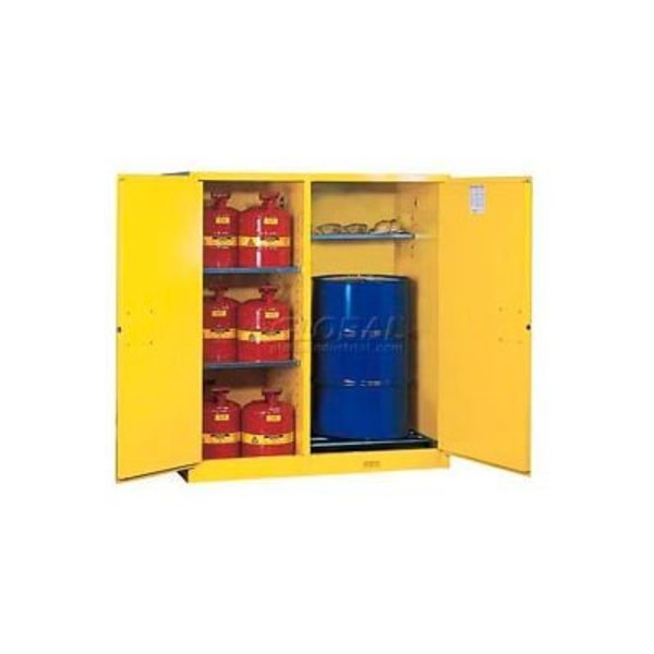 Justrite JustriteÂ Drum Cabinet 110 Gal. Capacity Vertical Self Close Flammable W/ Drum Rollers 899270